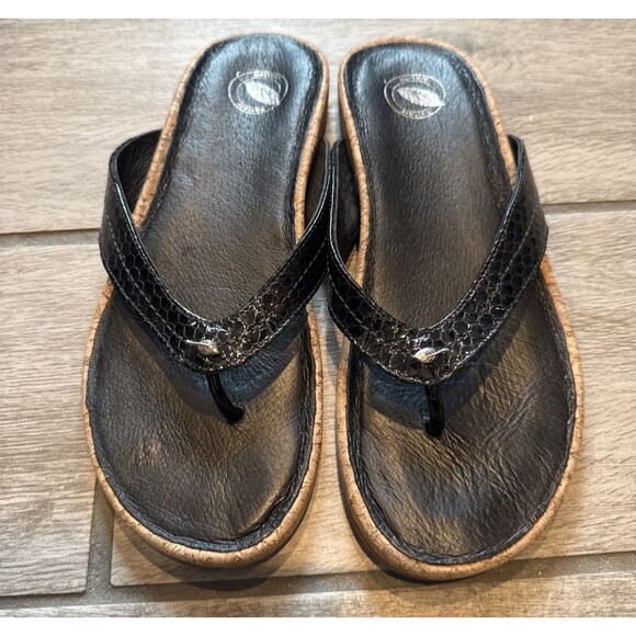 Nurture Laguna Leather Flip Flops Thong Sandals Size 7.5 Black Snakeskin Comfy - Picture 1 of 8